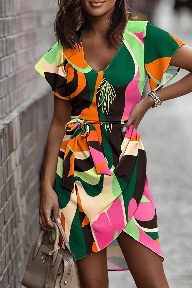 Kaynafashions - Casual Sweet Print Patchwork Frenulum V Neck Irregular Dress Dresses(5 Colors)