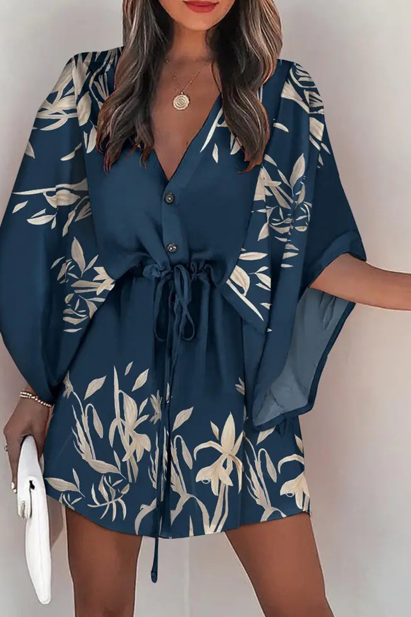 Kaynafashions - Casual Print Patchwork V Neck Waist Skirt Dresses(8 colors)