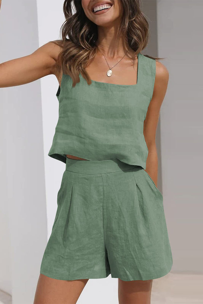 Kaynafashions - Casual Simplicity Solid Pocket Square Collar Sleeveless Two Pieces(16 Colors)