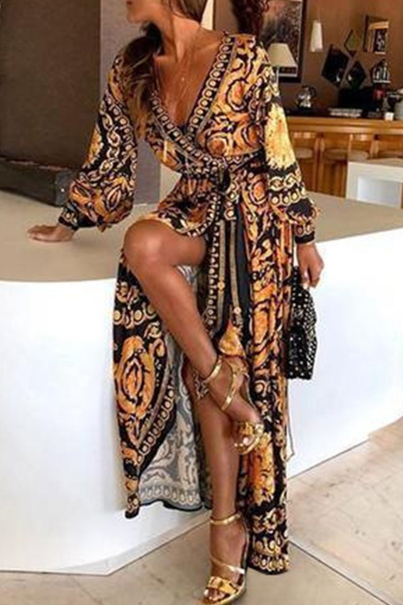 Kaynafashions - Bohemian Print Patchwork With Belt V Neck Printed Dress Dresses