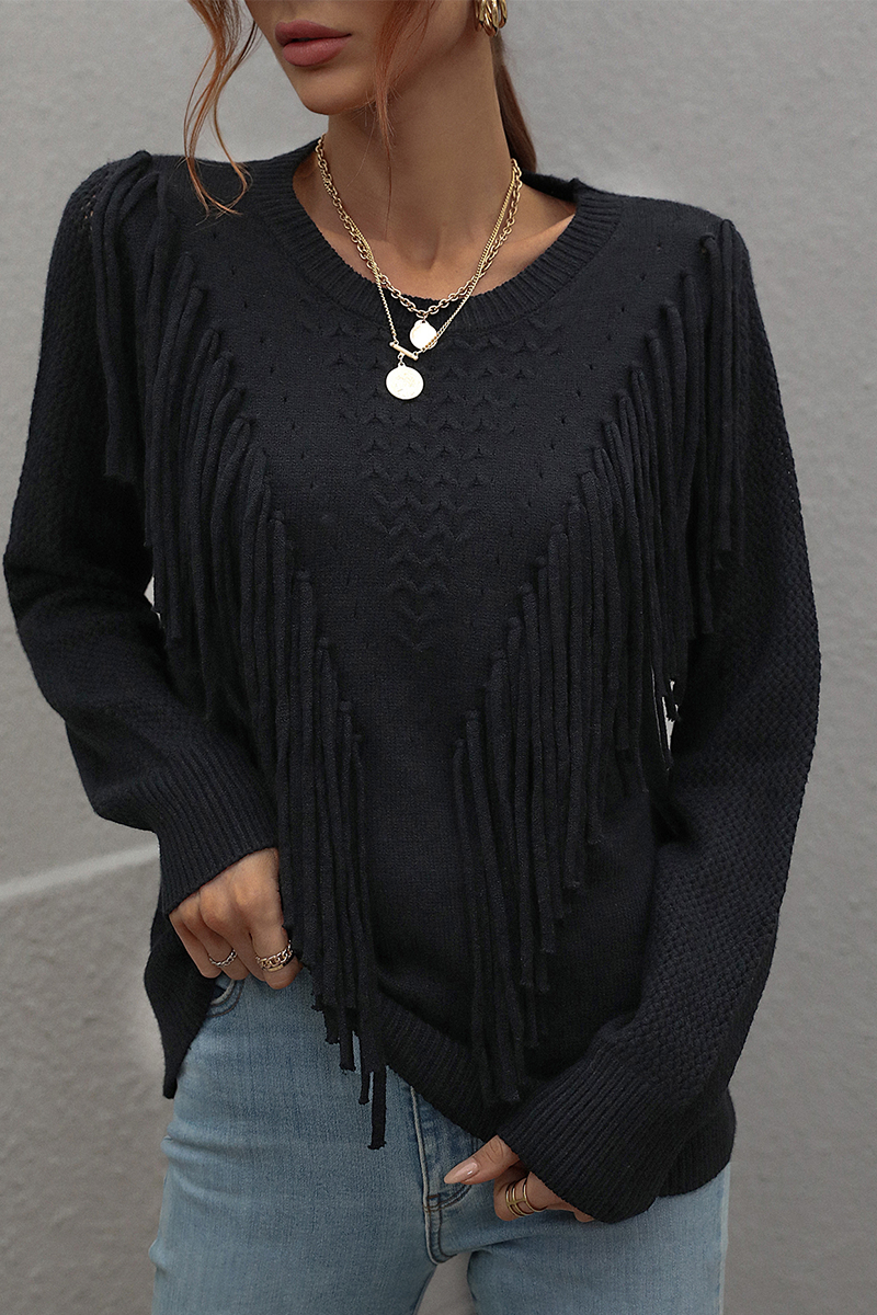 Kaynafashions - Fashion Solid Tassel Patchwork O Neck Tops