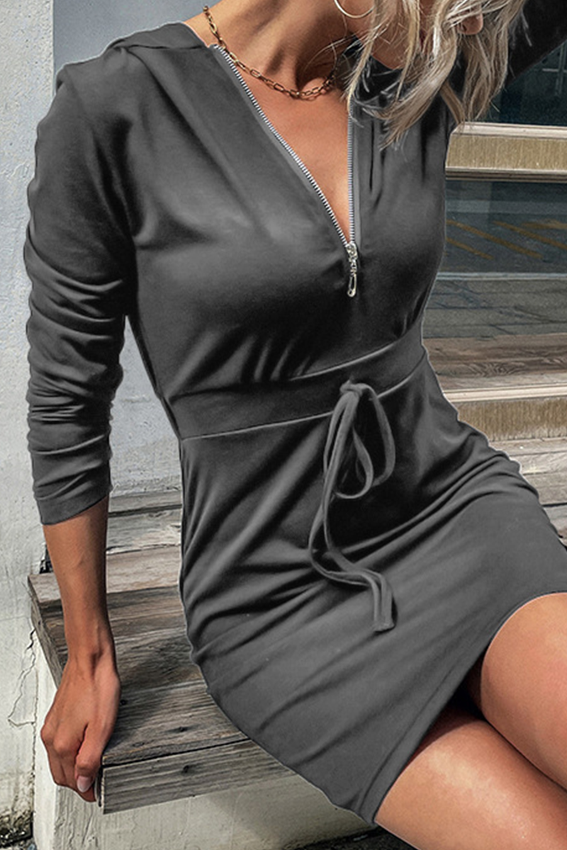 Kaynafashions - Casual Solid Draw String Zipper Collar Pencil Skirt Dresses(11 colors)