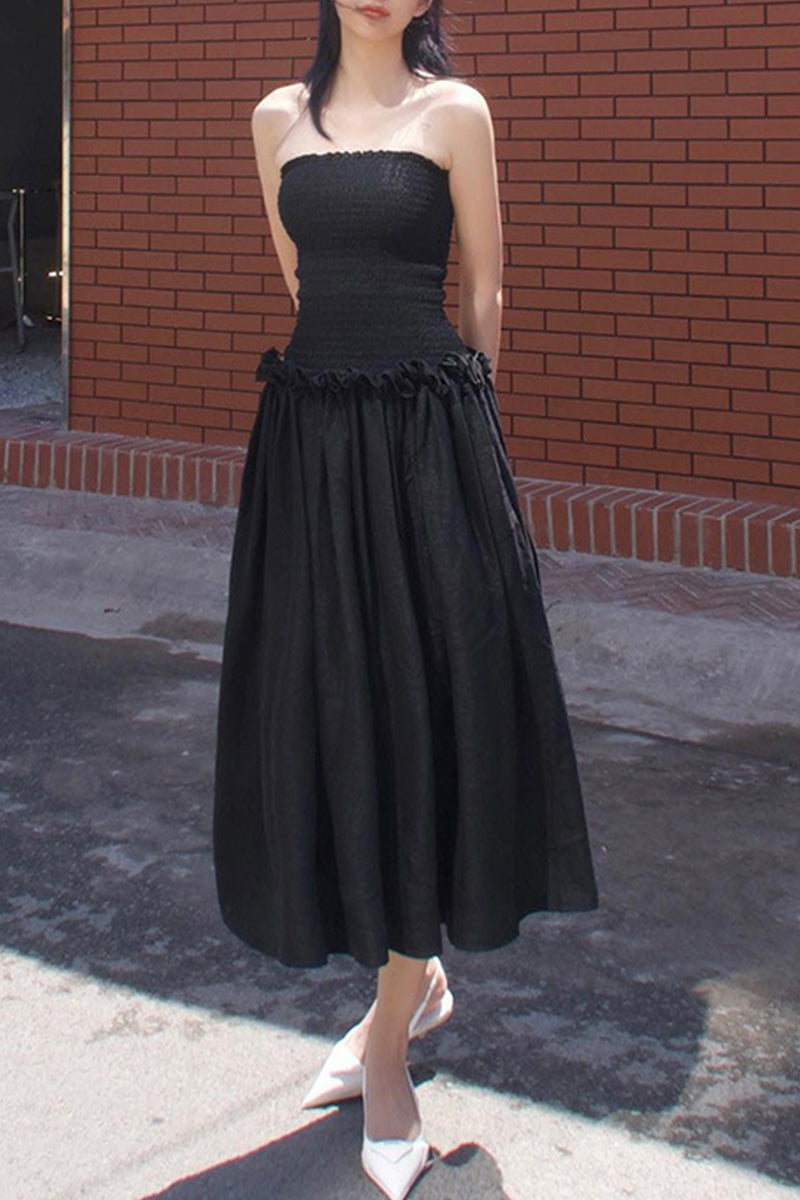 Kaynafashions - Casual Daily Solid Fold Strapless Pleated Dresses