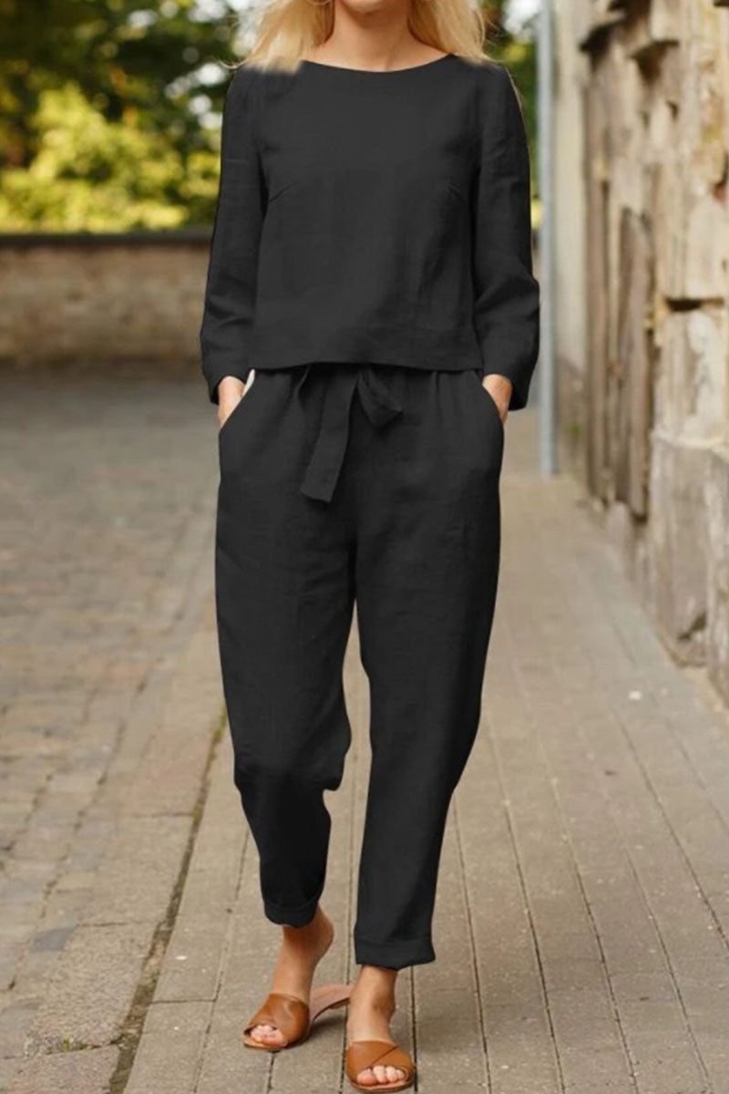 Kaynafashions - Fashion Vintage Solid Patchwork O Neck Long Sleeve Two Pieces(4 Colors)