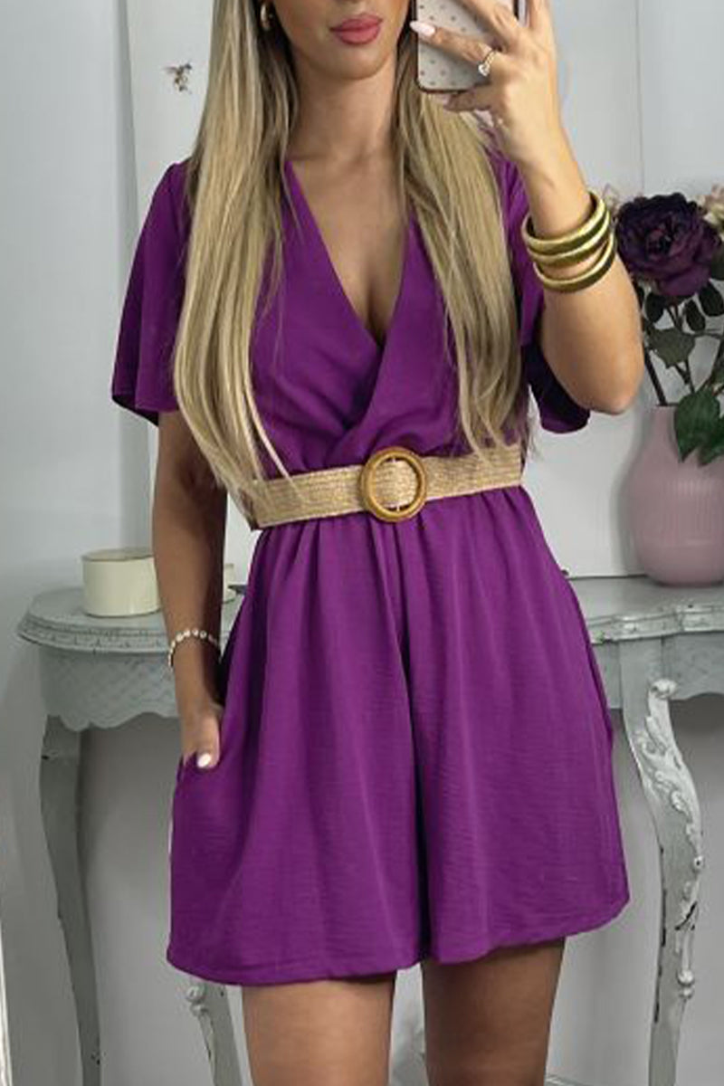 Kaynafashions - Casual Solid With Belt V Neck Loose Jumpsuits