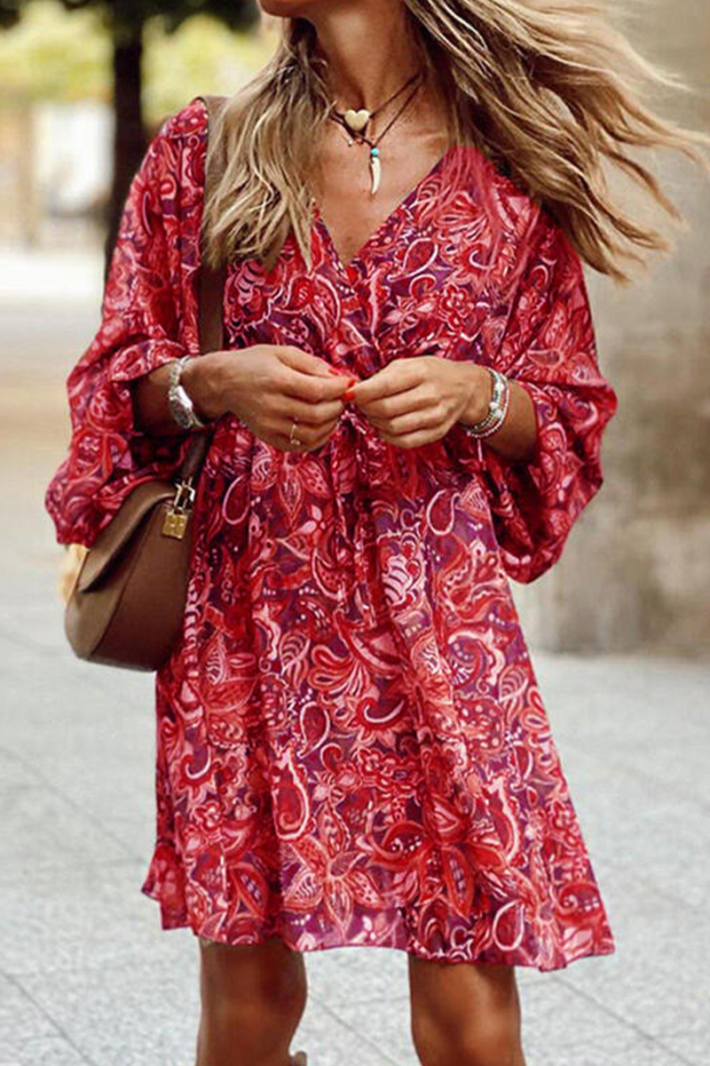 Kaynafashions - Casual Print Patchwork V Neck Cake Skirt Dresses