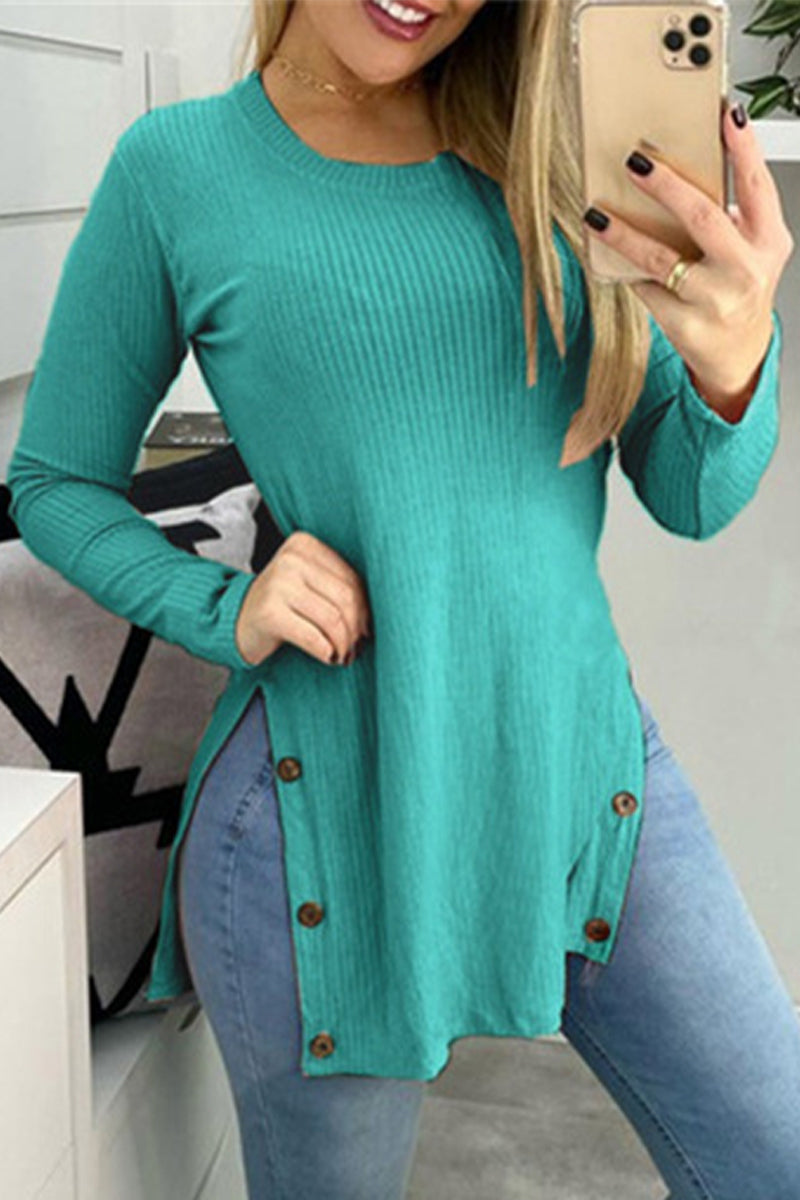 Kaynafashions - Street  Buttons Solid Color O Neck Tops(7 Colors)