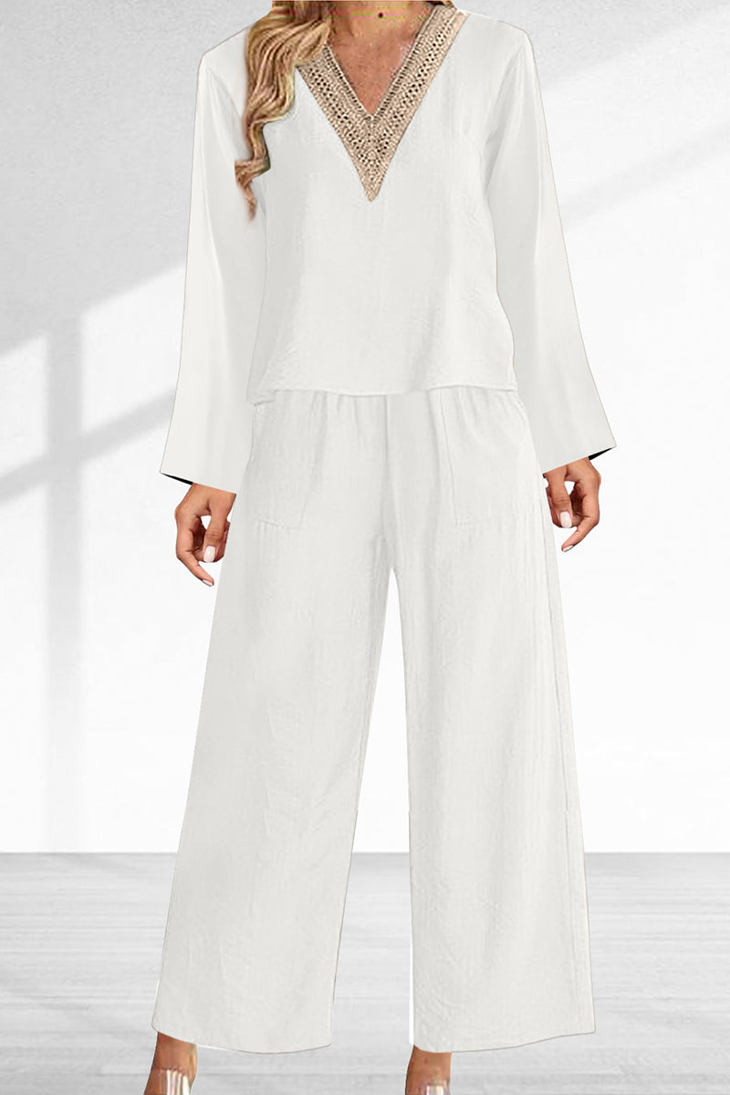 Kaynafashions - Casual Solid Lace Patchwork V Neck Long Sleeve Two Pieces