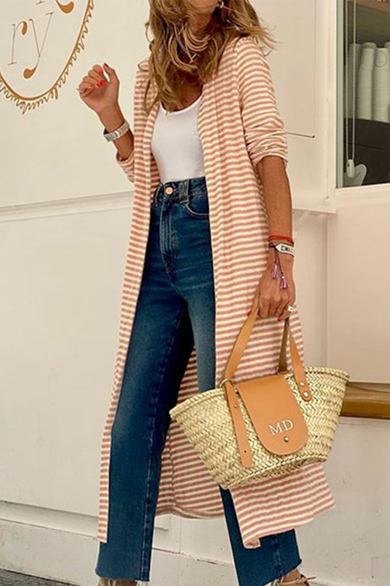 Kaynafashions - Casual Striped Patchwork Printing V Neck Outerwear