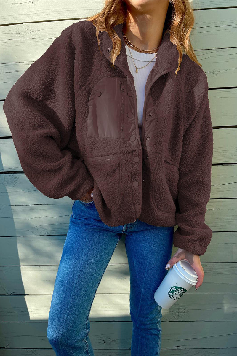 Kaynafashions - Casual Solid Patchwork Pocket Mandarin Collar Outerwear(6 Colors)