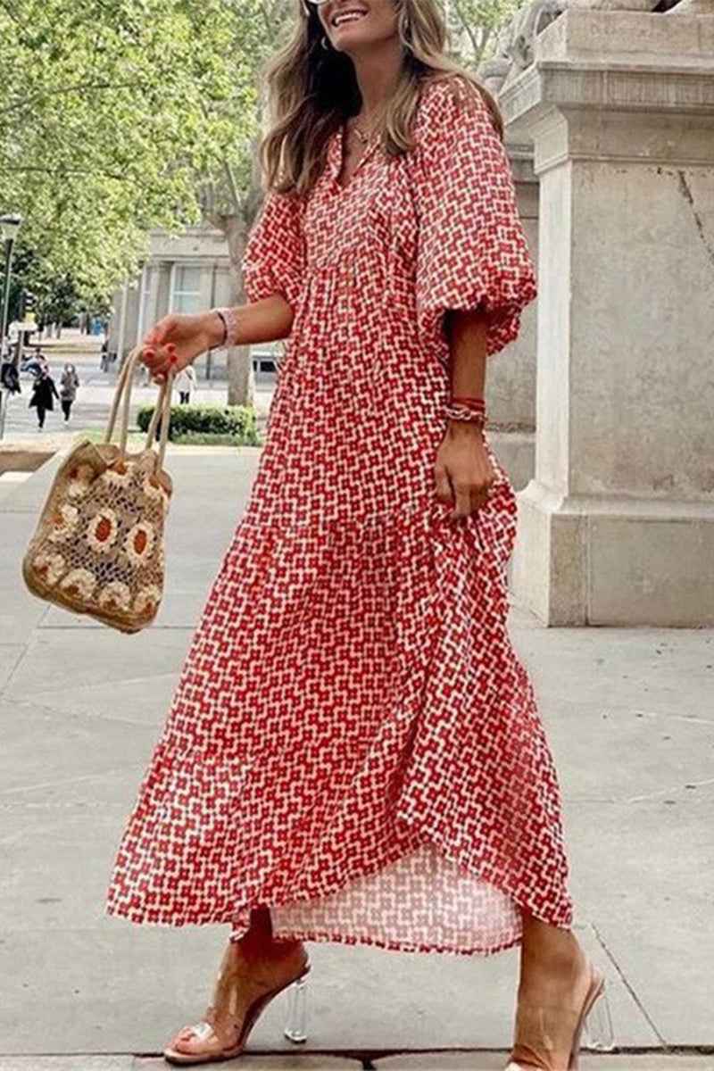 Kaynafashions - Sweet Elegant Print Floun)ce Printing O Neck Printed Dress Dresses(9 Colors)