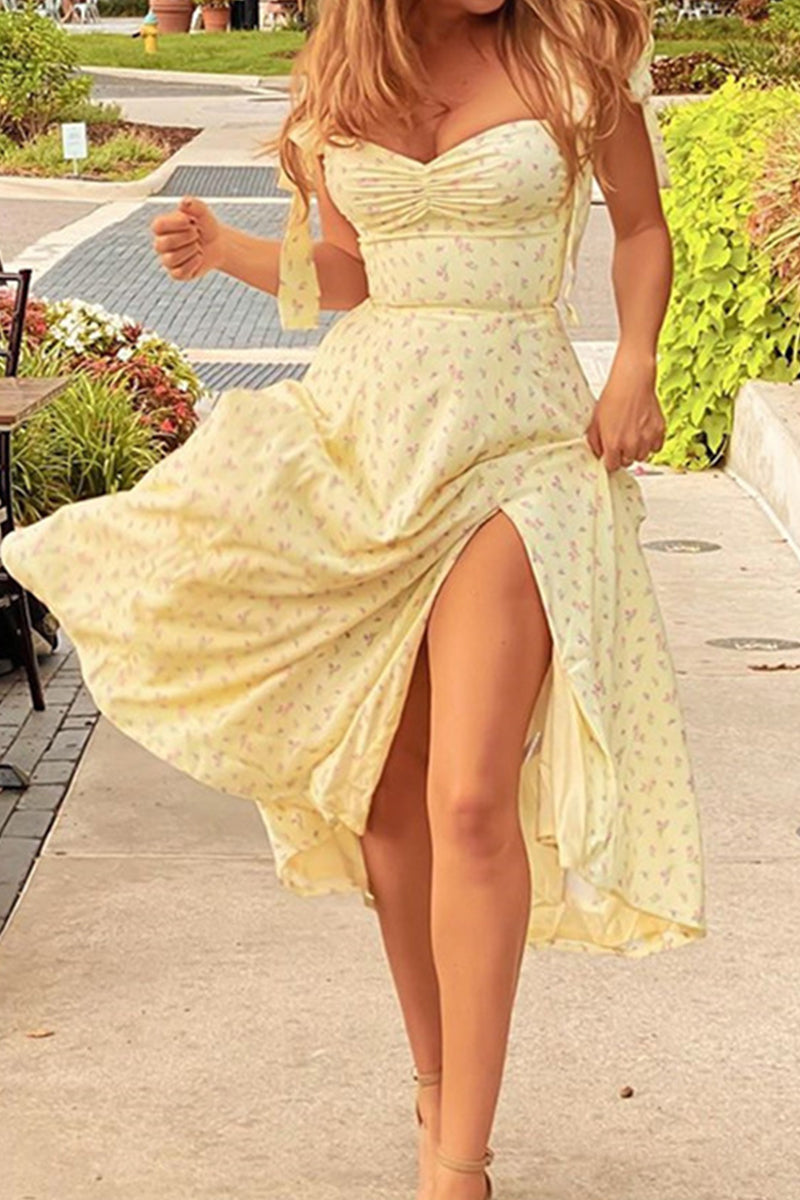 Kaynafashions - Sweet Elegant Print Slit V Neck Waist Skirt Dresses
