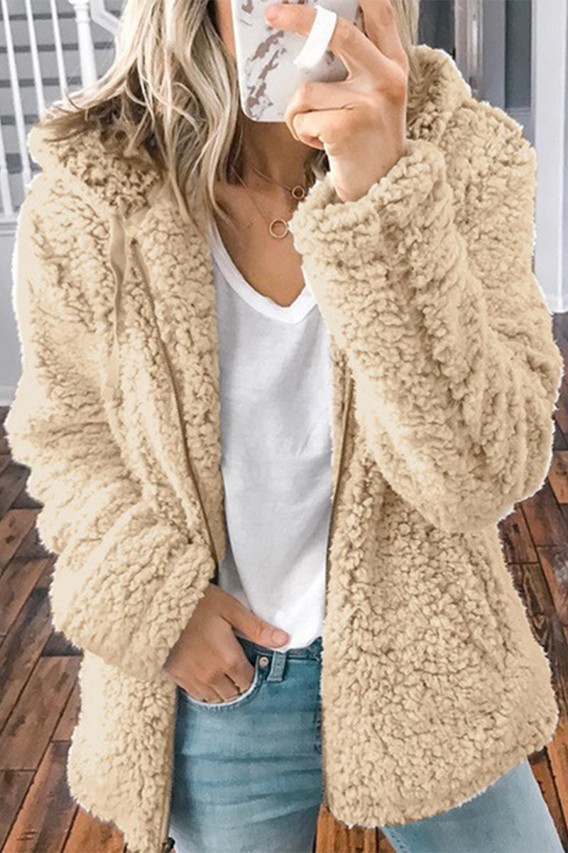 Kaynafashions - Fashion Solid Pocket Zipper Hooded Collar Outerwear(4 Colors)