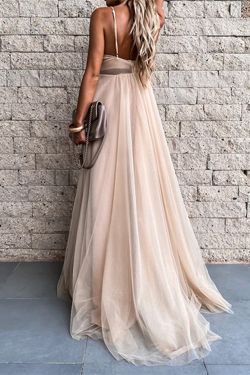 Kaynafashions - Sexy Formal Solid Mesh V Neck Evening Dress Dresses