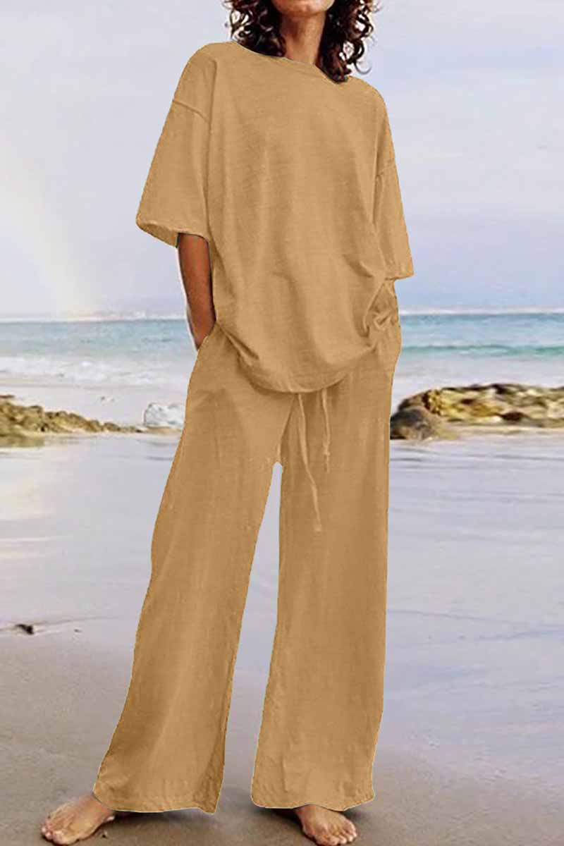 Kaynafashions - Casual Living Solid O Neck Short Sleeve Two Pieces(11 Colors)