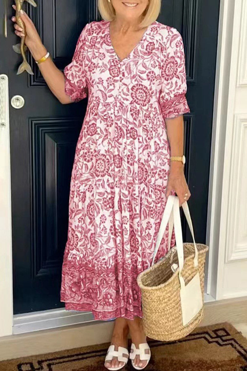Kaynafashions - Elegant Vacation Tie Dye Patchwork V Neck Printed Dress Dresses