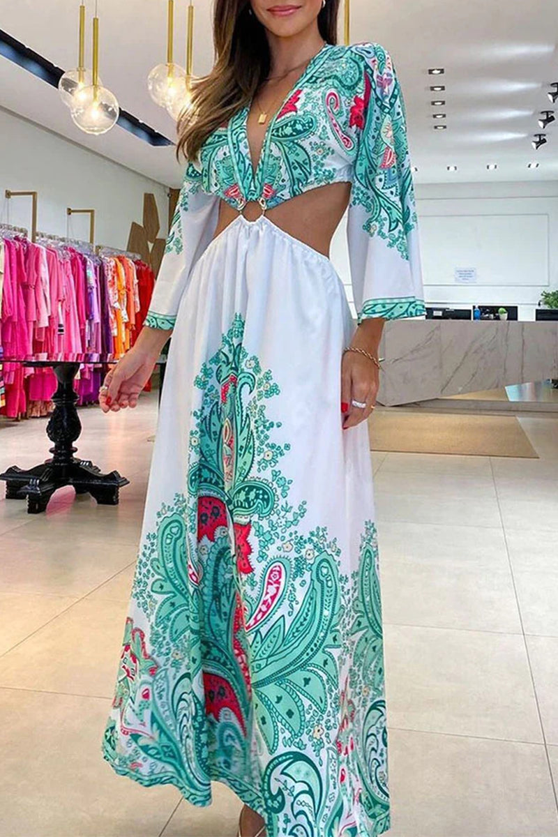 Kaynafashions - Bohemian College Print Hollowed Out Patchwork V Neck Beach Dress Dresses