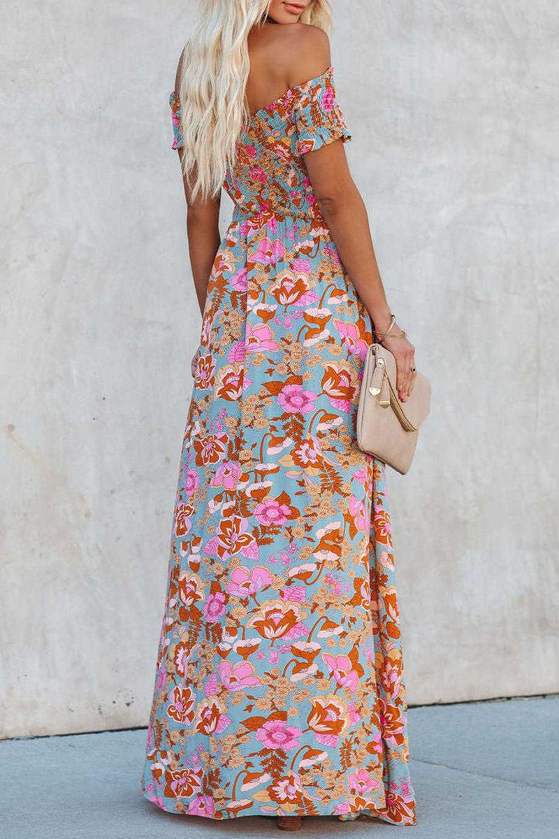 Kaynafashions - Elegant Vacation Floral Patchwork Off the Shoulder Printed Dress Dresses