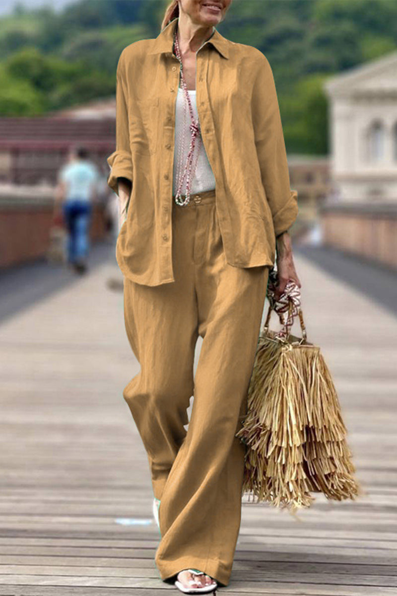 Kaynafashions - Casual Simplicity Solid Pocket Turndown Collar Long Sleeve Two Pieces