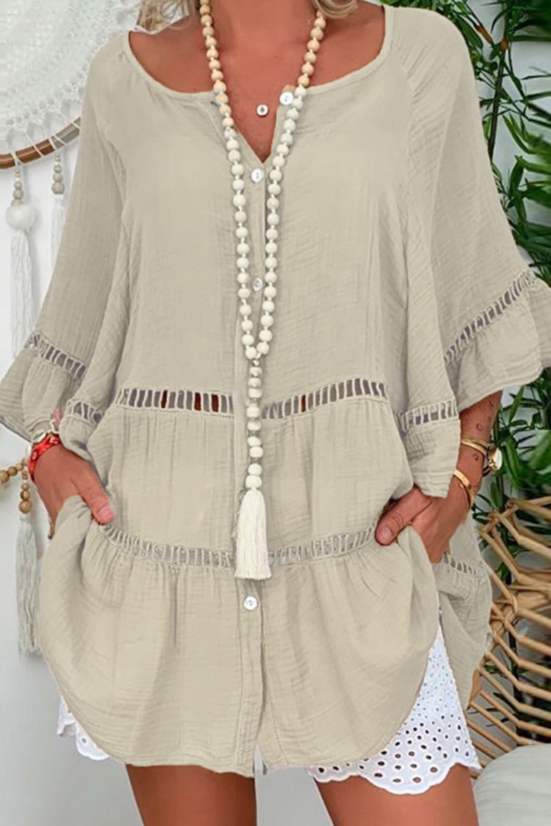 Kaynafashions - Casual Solid Patchwork V Neck Long Sleeve Dresses