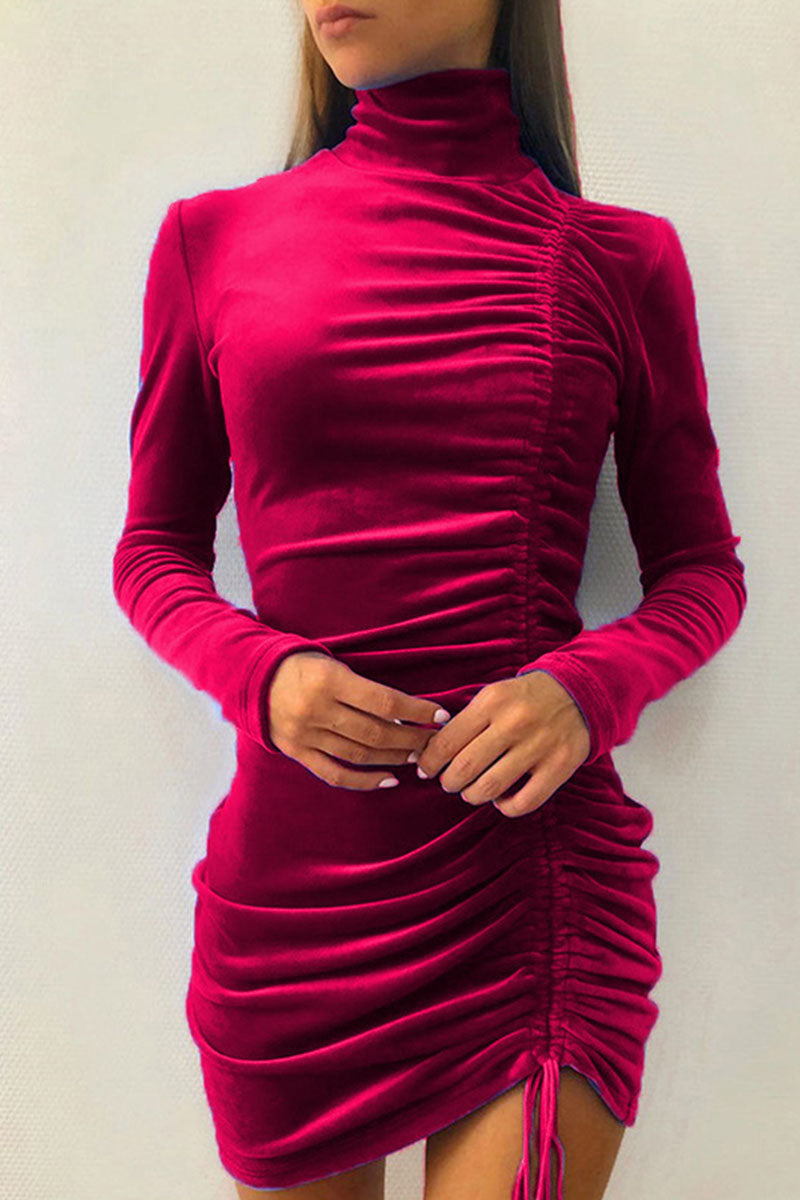 Kaynafashions - Sexy Elegant Solid Draw String Half A Turtleneck Wrapped Skirt Dresses(8 colors)