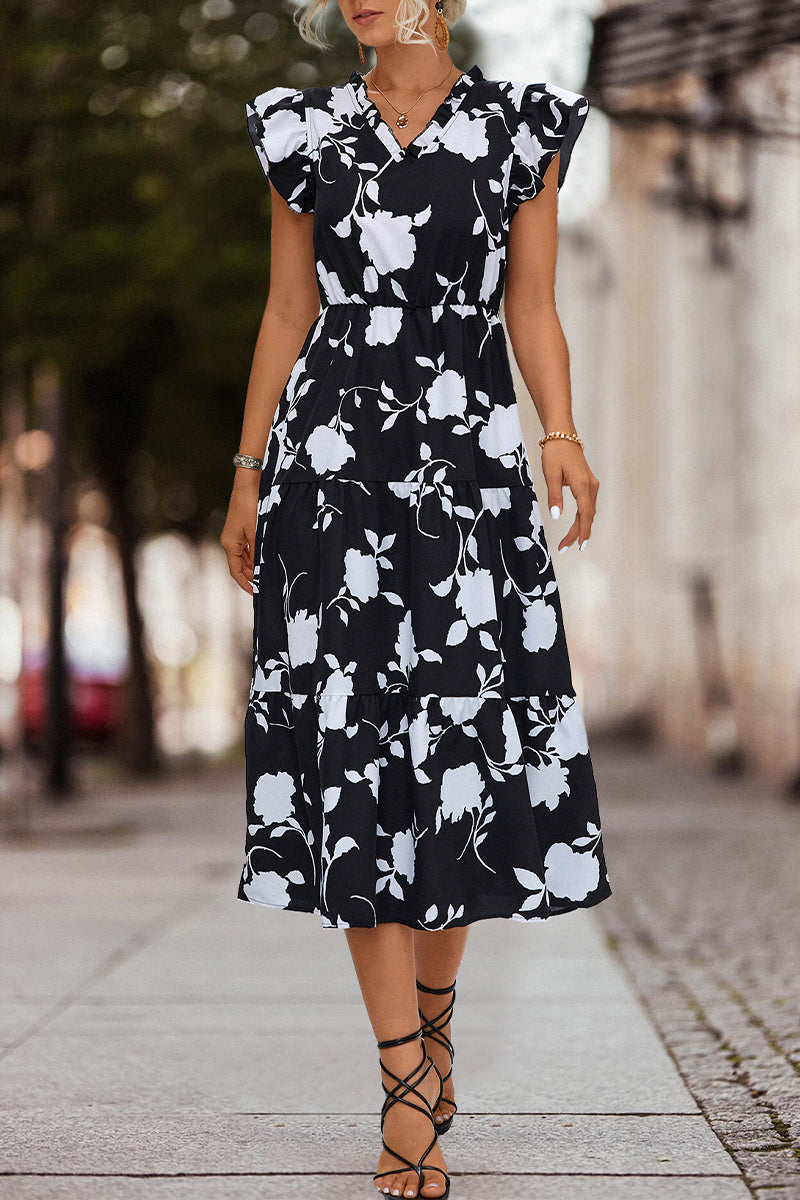 Kaynafashions - Sweet Elegant Print Patchwork V Neck A Line Dresses