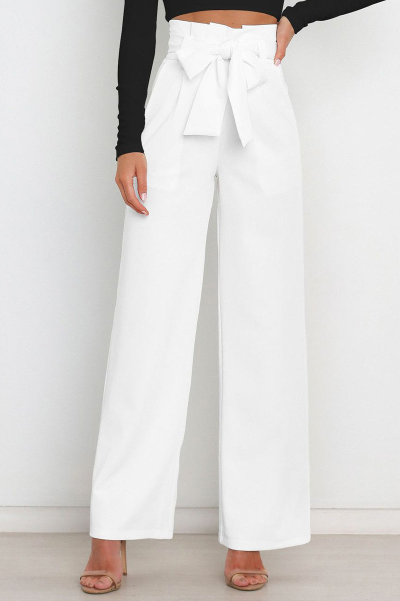 Kaynafashions - Work Simplicity Solid With Belt Loose High Waist Straight Solid Color Bottoms(11 Colors)