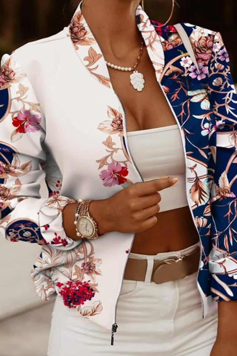 Kaynafashions - Casual Print Patchwork Zipper Collar Outerwear(6 colors)