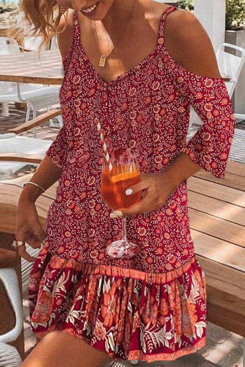 Kaynafashions - Casual Print Patchwork V Neck Cake Skirt Dresses