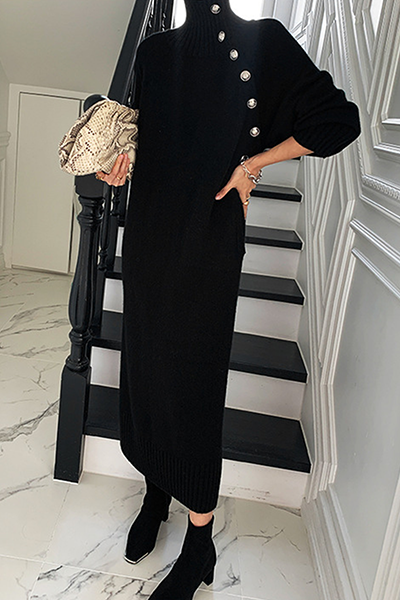 Kaynafashions - Casual Elegant Solid Buckle With Belt Turtleneck Dresses