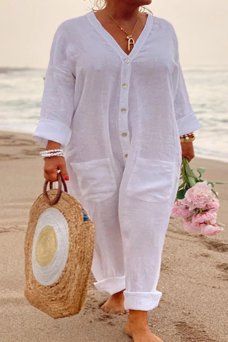 Kaynafashions - Casual Vacation Solid Pocket Buckle V Neck Loose Jumpsuits