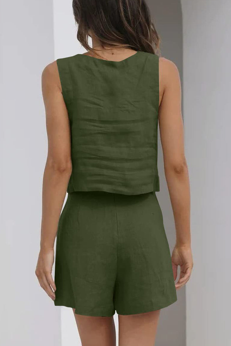 Kaynafashions - Casual Simplicity Solid Pocket Square Collar Sleeveless Two Pieces(16 Colors)