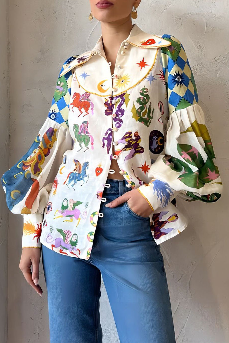 Kaynafashions - Casual Print Turndown Collar Tops