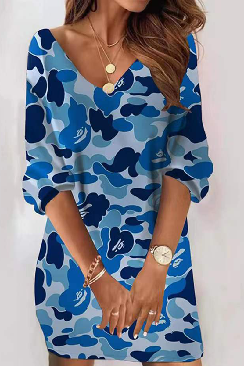 Kaynafashions - Casual Print Patchwork V Neck Straight Dresses(7 colors)