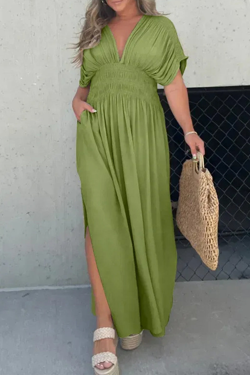 Kaynafashions - Casual Simplicity Solid Pocket V Neck A Line Short Sleeve Dress