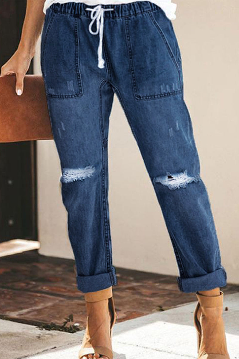 Kaynafashions - Street Solid Ripped Frenulum Straight Denim Jeans