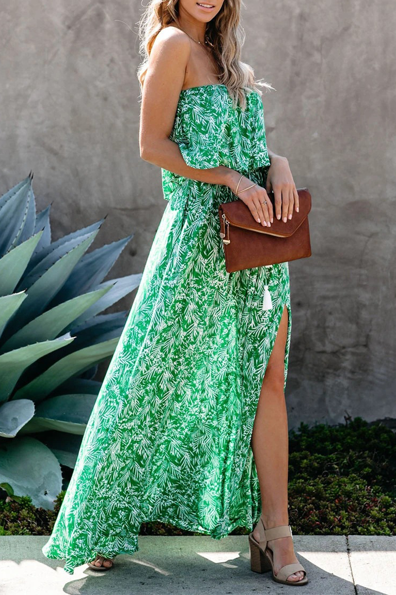 Kaynafashions - Casual Print Slit Strapless Waist Skirt Dresses