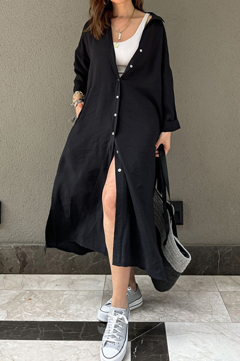 Kaynafashions - Casual Solid Buckle POLO collar Shirt Dress Dresses