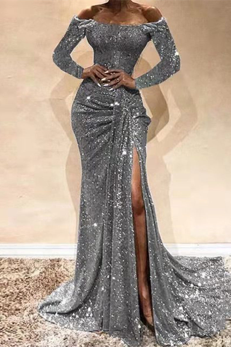 Kaynafashions - Sexy Formal Solid Patchwork Slit Off the Shoulder Evening Dress Dresses