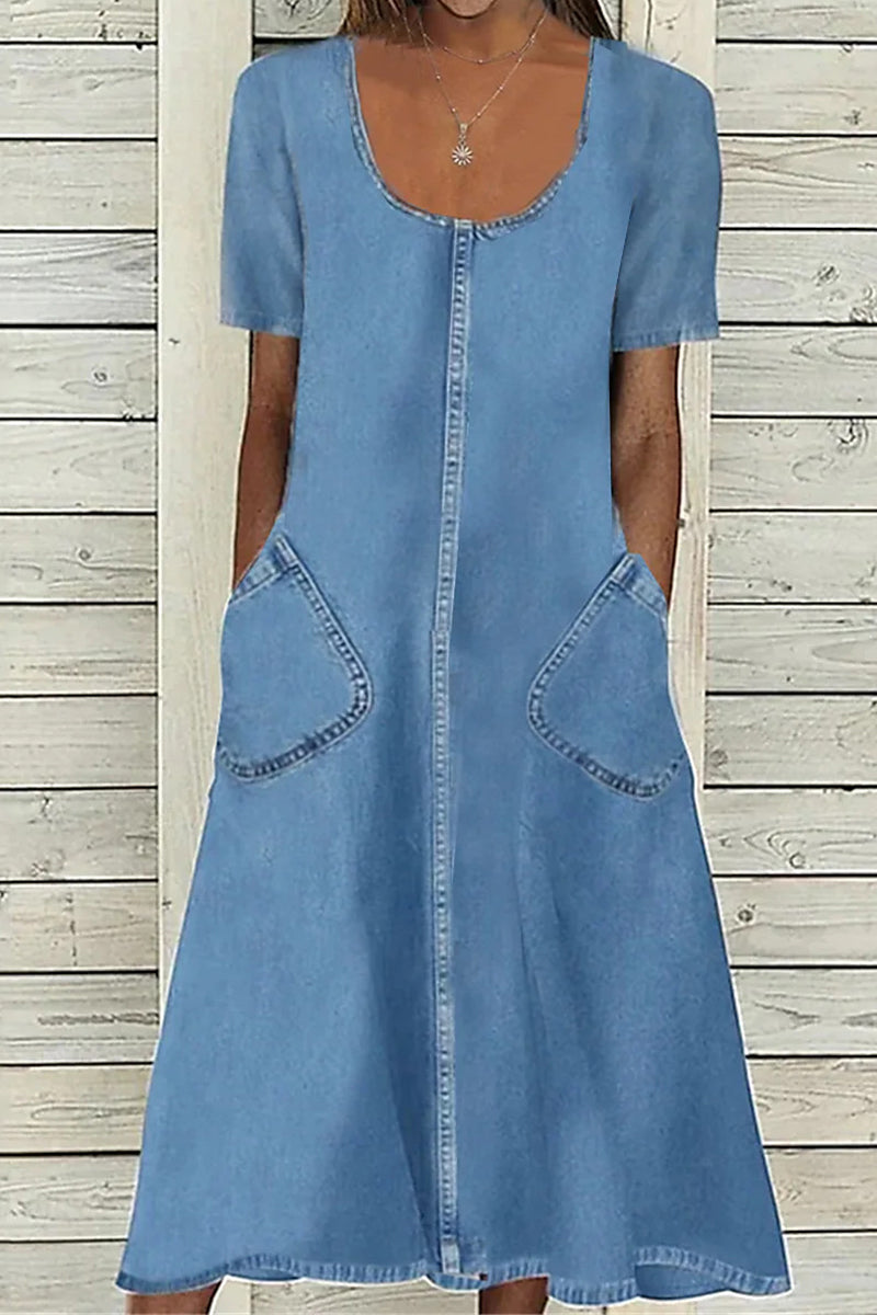Kaynafashions - Casual Street Solid Pocket U Neck Short Sleeve Denim Dresses