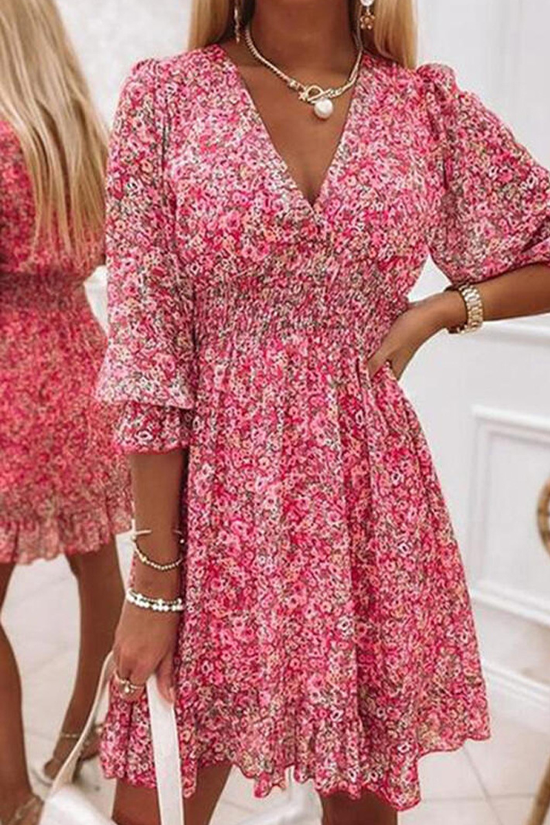 Kaynafashions - Casual Print Patchwork V Neck Waist Skirt Dresses(6 colors)