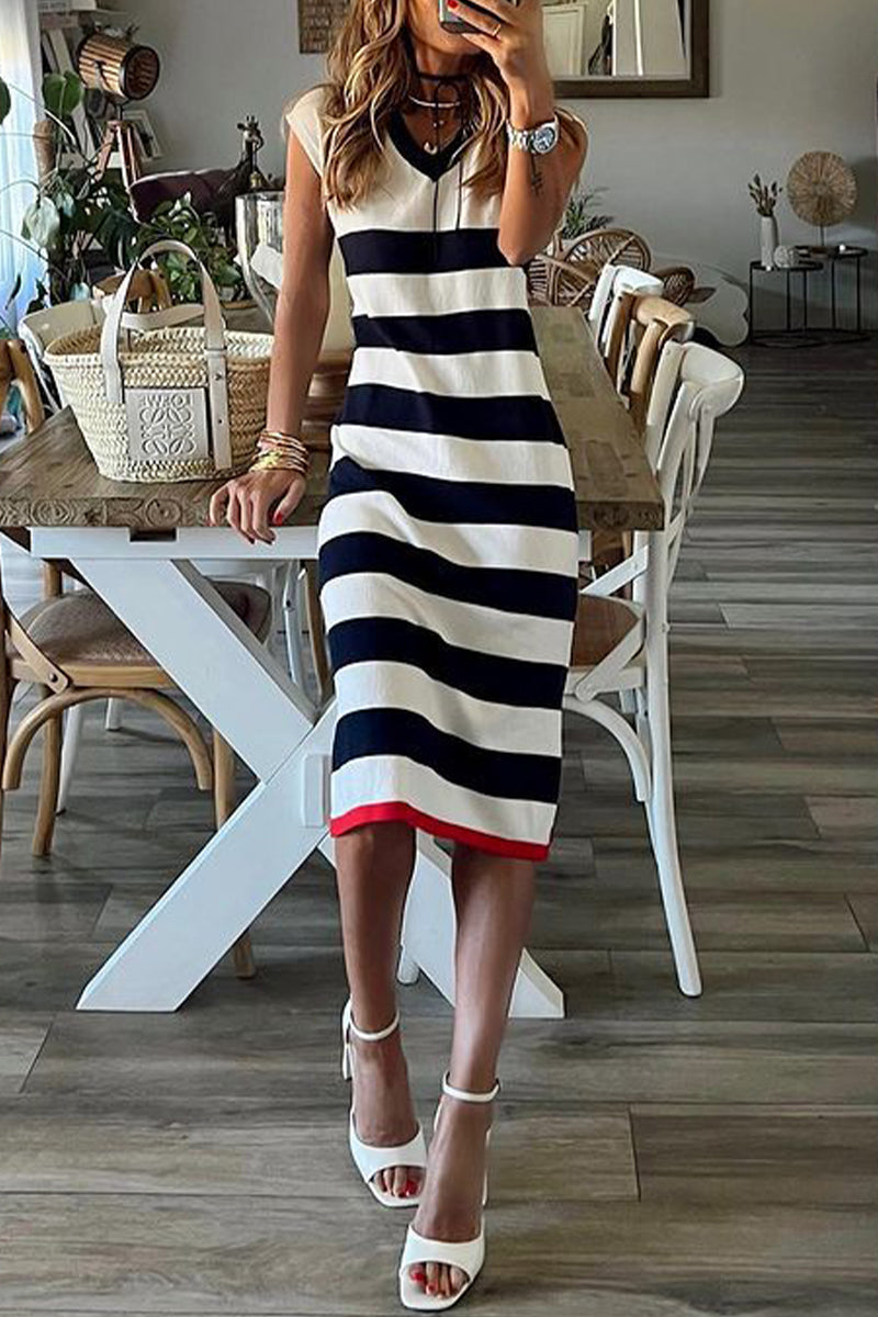 Kaynafashions - Casual Striped Patchwork V Neck Printed Dress Dresses