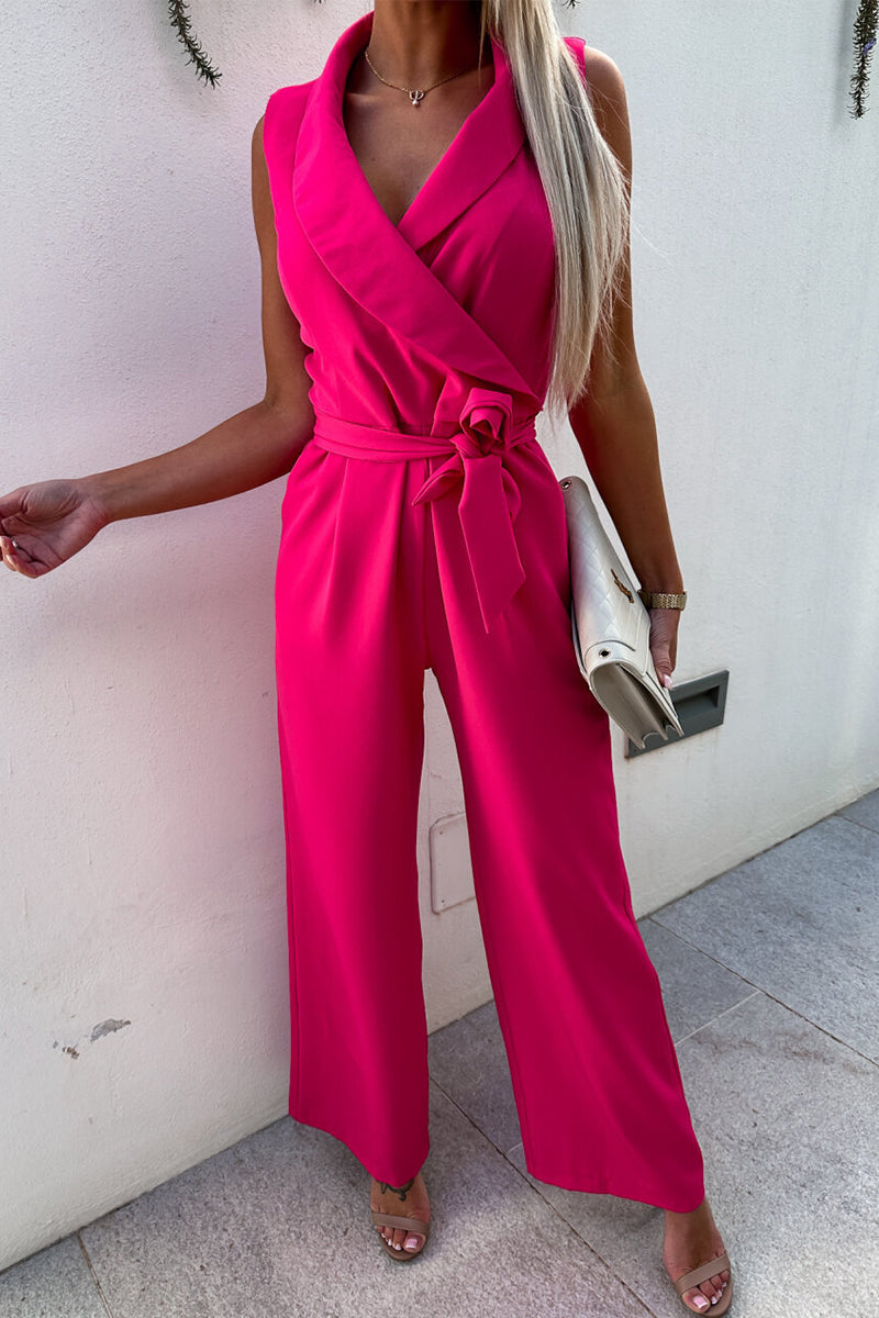 Kaynafashions - Casual British Style Solid Pocket Frenulum V Neck Regular Jumpsuits(4 Colors)