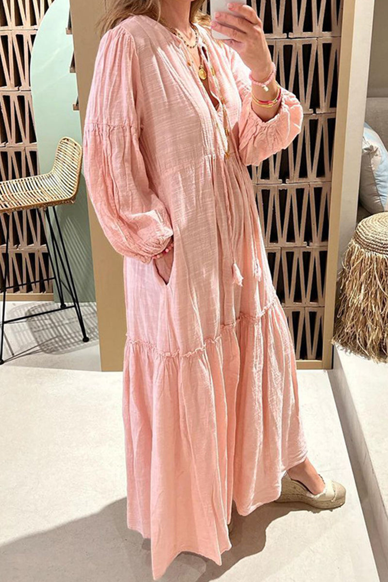 Kaynafashions - Casual Solid Frenulum V Neck A Line Dresses