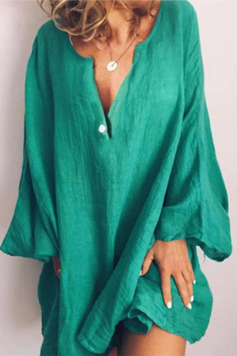 Kaynafashions - Plus Size Casual Solid Buttons V Neck Long Sleeve Dresses