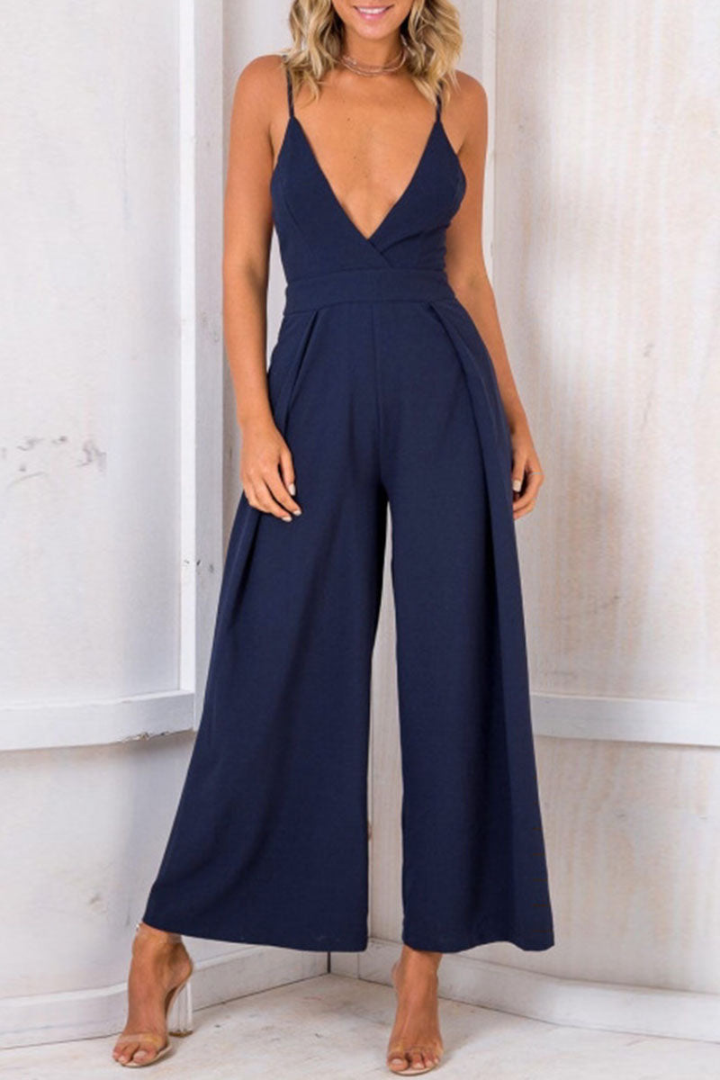 Kaynafashions - Fashion Solid Backless V Neck Loose Jumpsuits(3 Colors)