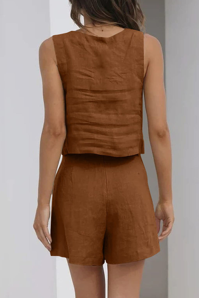 Kaynafashions - Casual Simplicity Solid Pocket Square Collar Sleeveless Two Pieces(16 Colors)