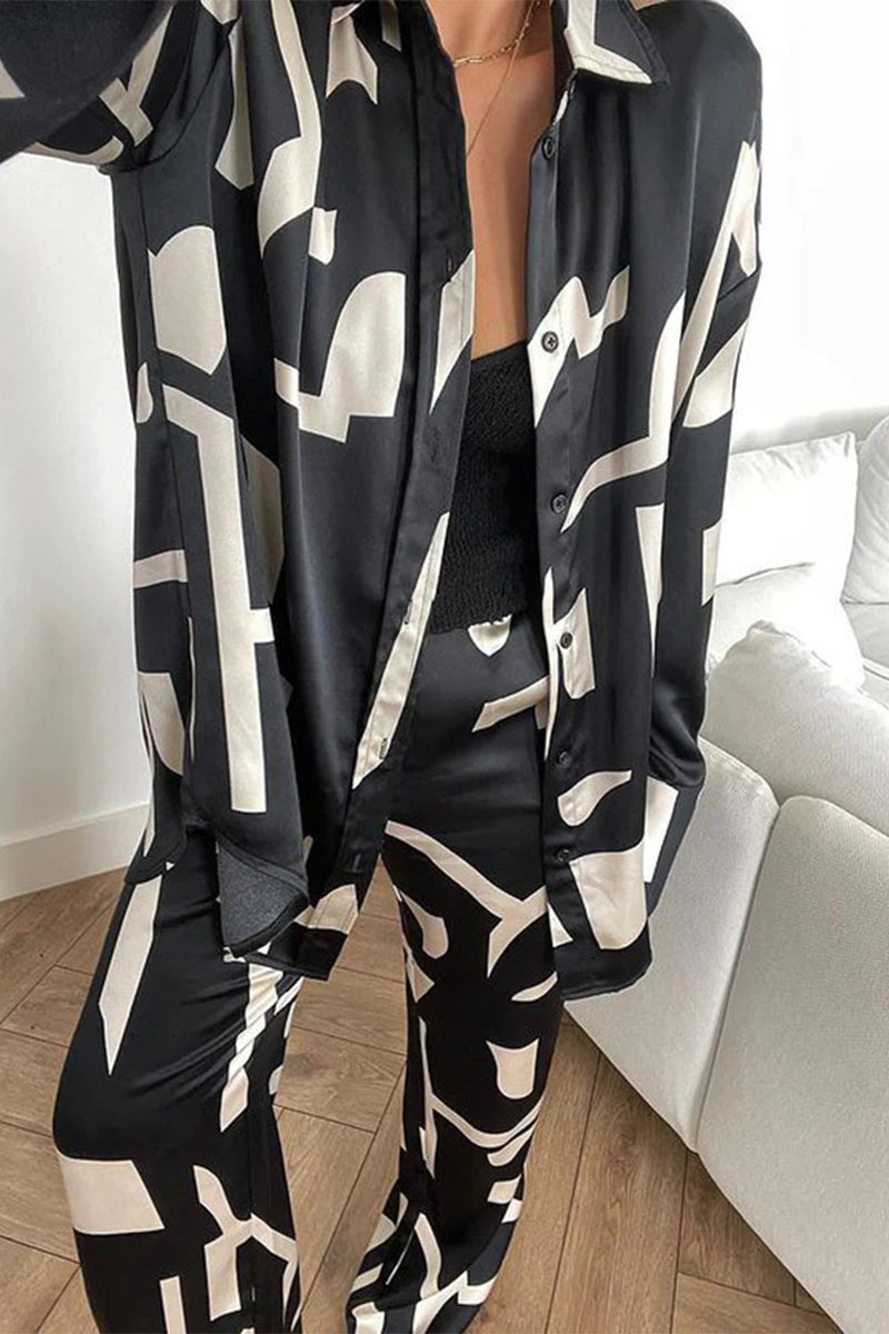 Kaynafashions - Casual Geometric Print Patchwork Turndown Collar Long Sleeve Two Pieces