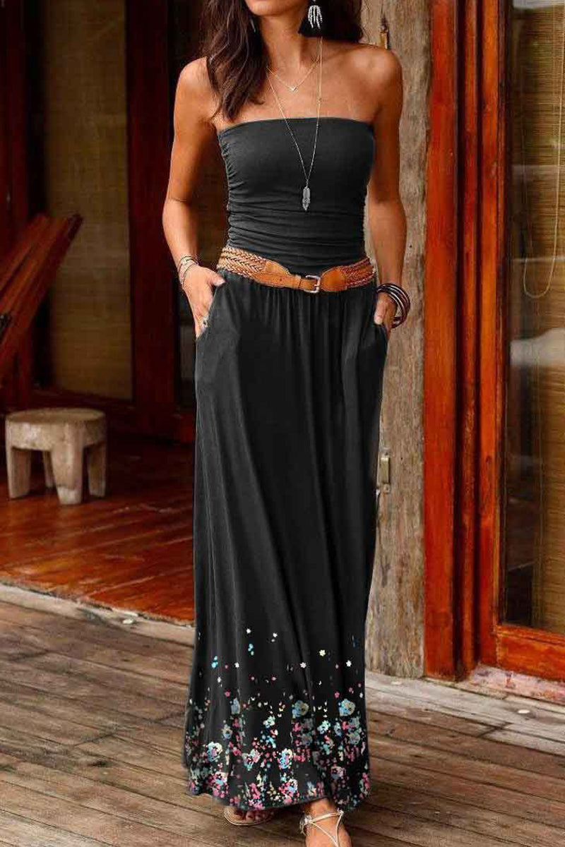 Kaynafashions - Sweet Print Patchwork Strapless Waist Skirt Dresses(7 Colors)