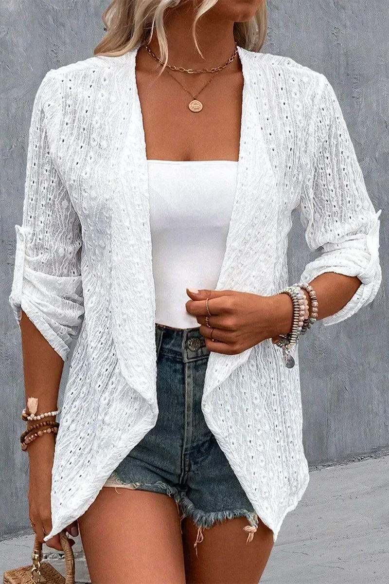 Kaynafashions - Simplicity Solid Hollowed Out Cardigan Collar Outerwear